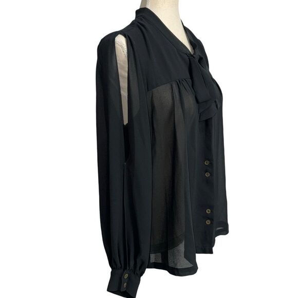 Forever 21 Solid Black Long Sleeve Button Down Tie Front Open Sleeve Blouse M - Picture 6 of 13